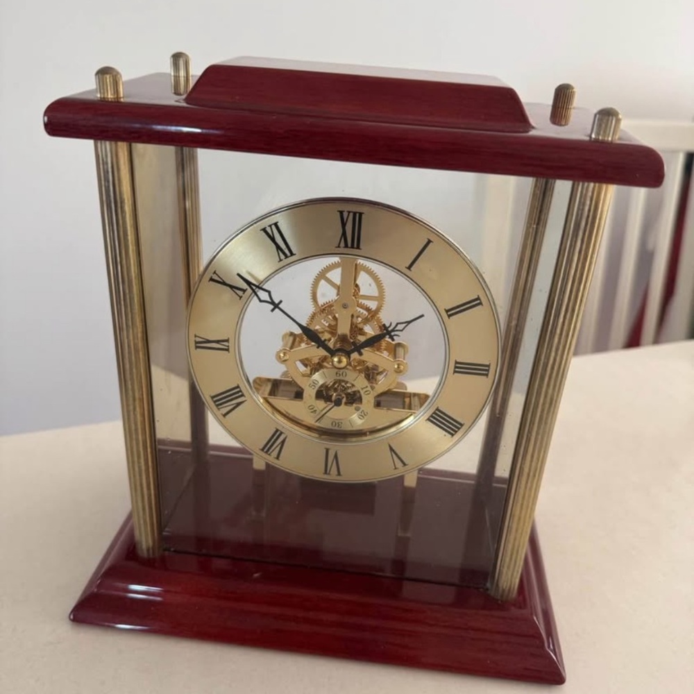 Gold and wood transparent clockwork clock,  Luxury table desk clocks hollow dial